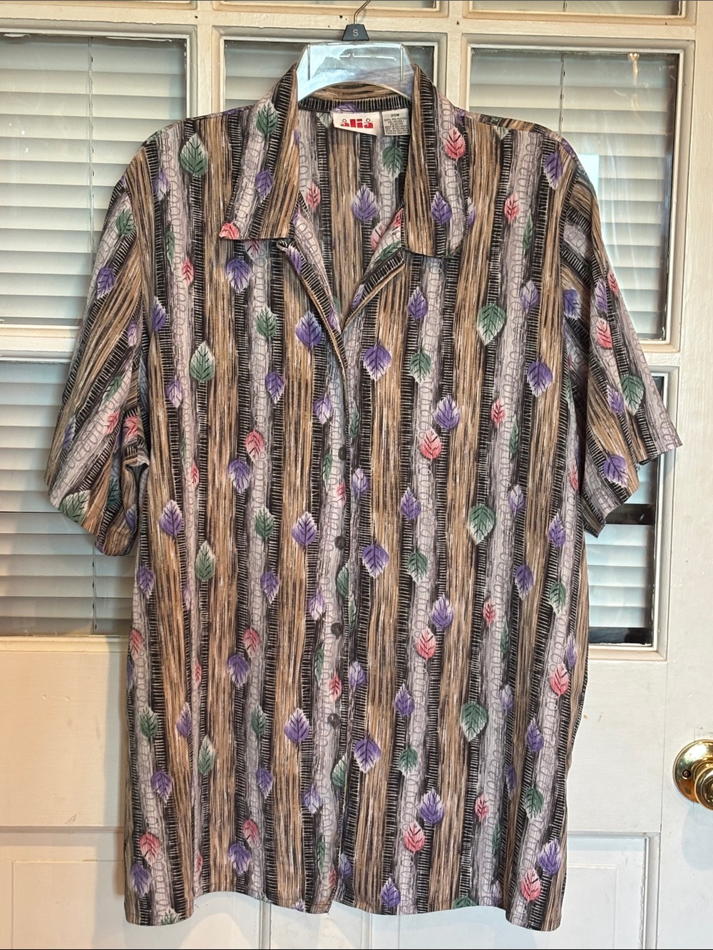 Alia Brown Striped Short-Sleeve Button Front Blouse with Multicolor Leaf Print